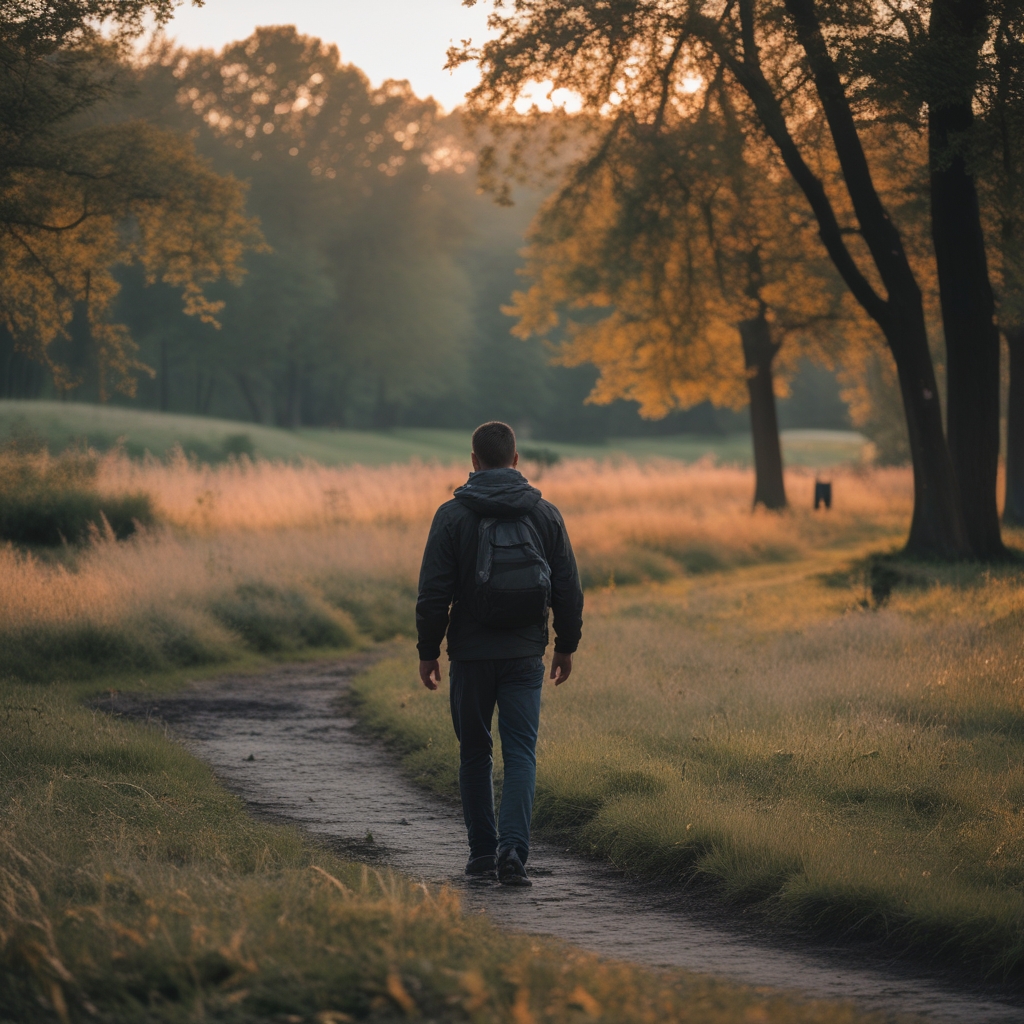 Osoba w wieku około 35 lat wykonująca płynne, kontrolowane ćwiczenie równowagi w parku, boso na trawie, skupiona i spokojna