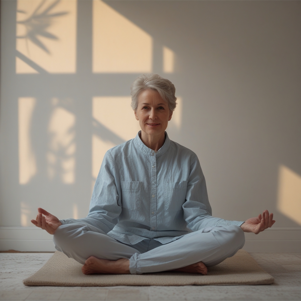 Osoba w wieku około 50 lat ćwicząca stretching w jasno oświetlonej przestrzeni domowej, siedząc na macie i wykonując spokojne ćwiczenie na elastyczność bioder