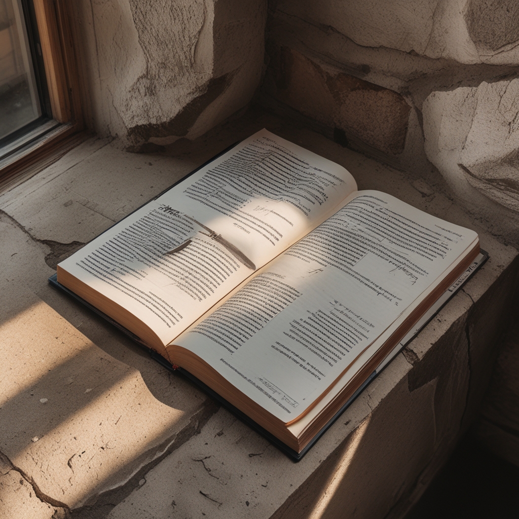 Otwarta książka o biomechanice leżąca na drewnianym blacie obok zeszytu z notatkami i linijką, w miękkim, bocznym świetle — atmosfera studiowania i analizy