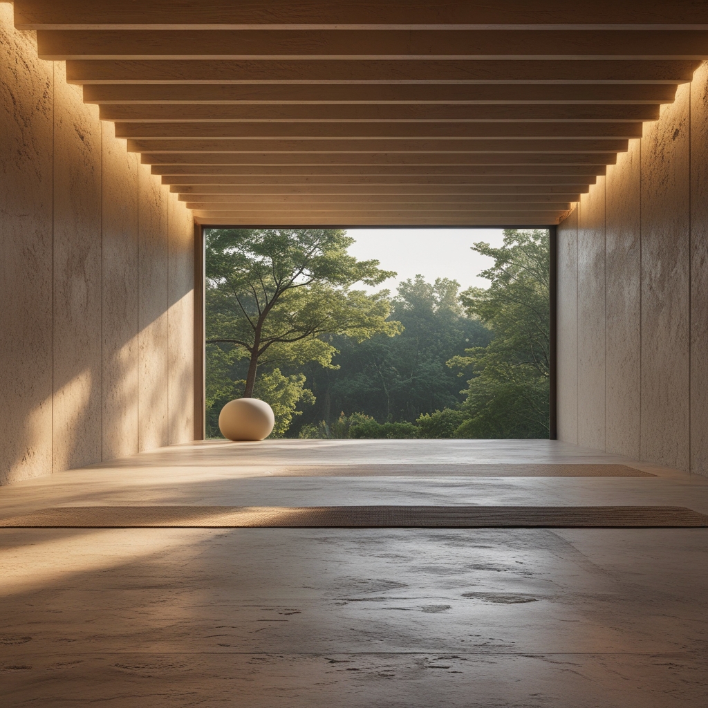 Przestronna, minimalistyczna sala do ćwiczeń z naturalnym światłem padającym przez duże okna, pusta maty do jogi ułożone w równych rzędach na jasnej drewnianej podłodze